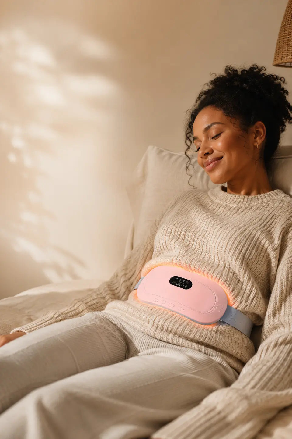 A woman relaxing with a soft pink Lunella heat belt warming her stomach